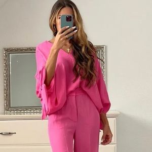 ZARA WOMAN NEON PINK FLUID TIED BLOUSE FLOWY DRESSY TOP LARGE
